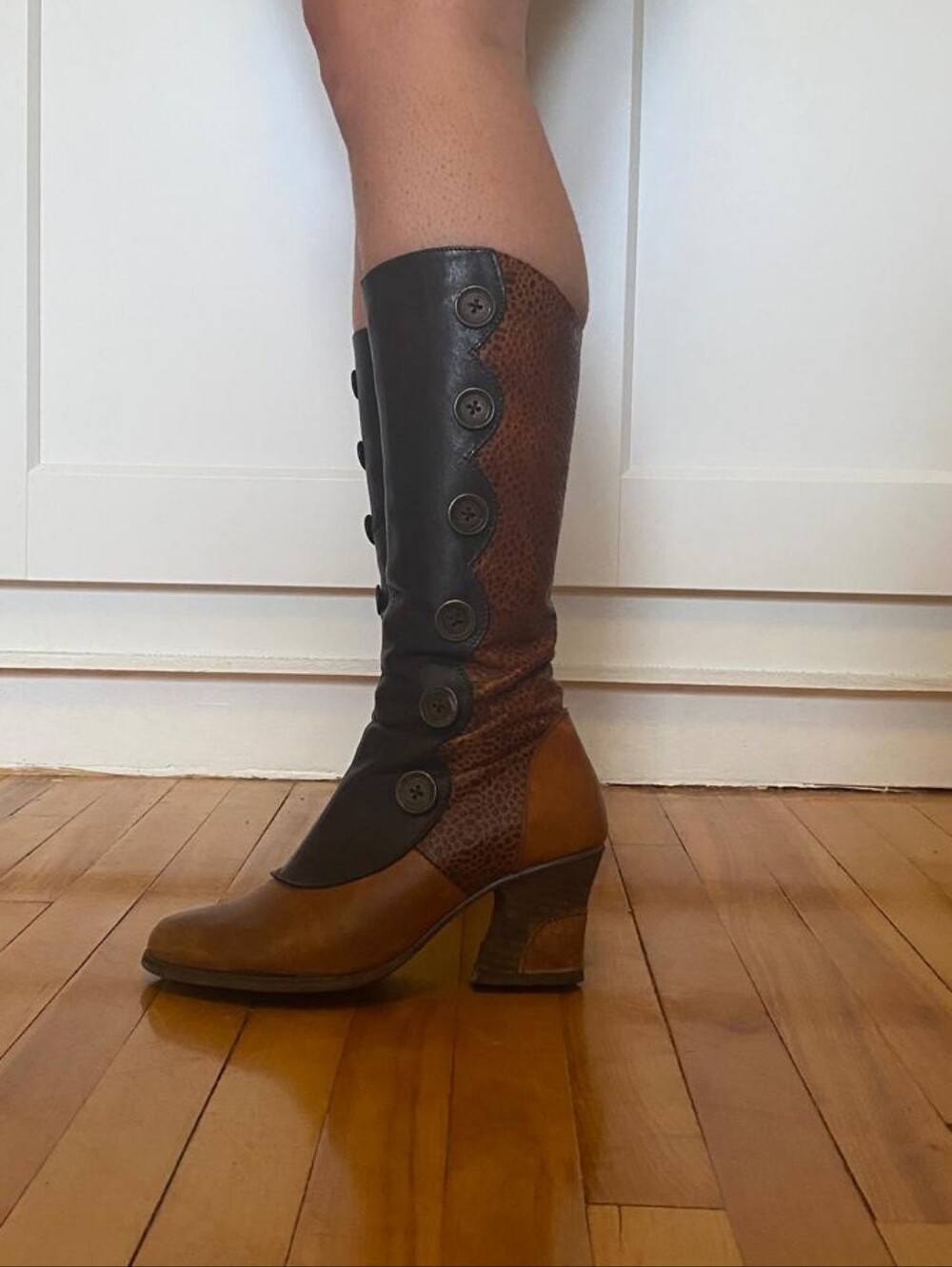 Mixed Print Leather Victorian Button Style Boots Vintage Knee High